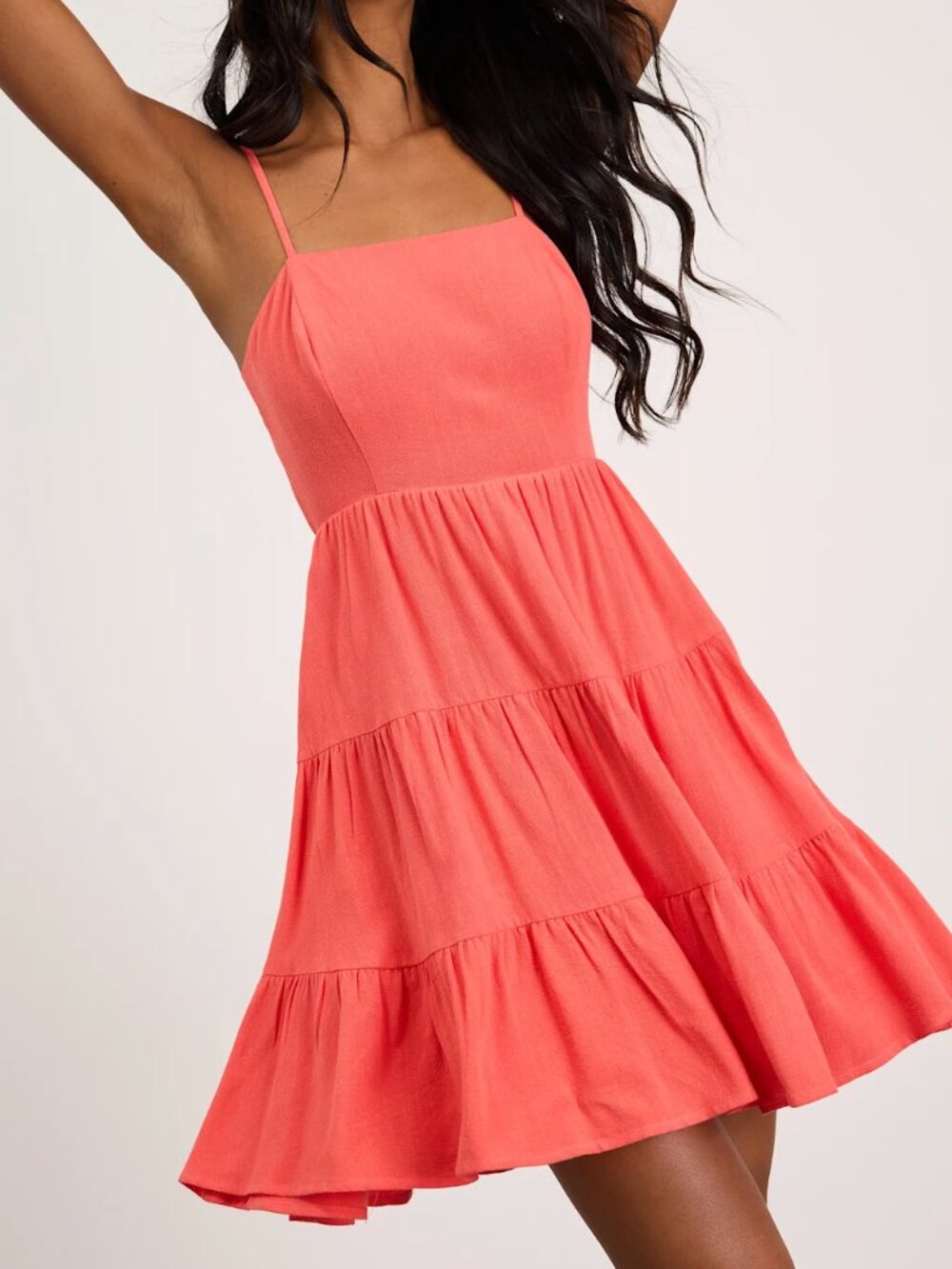 Lulus Coral Mini Dress Small Make a Day of It Tiered Linen Blend Flowy Babydoll